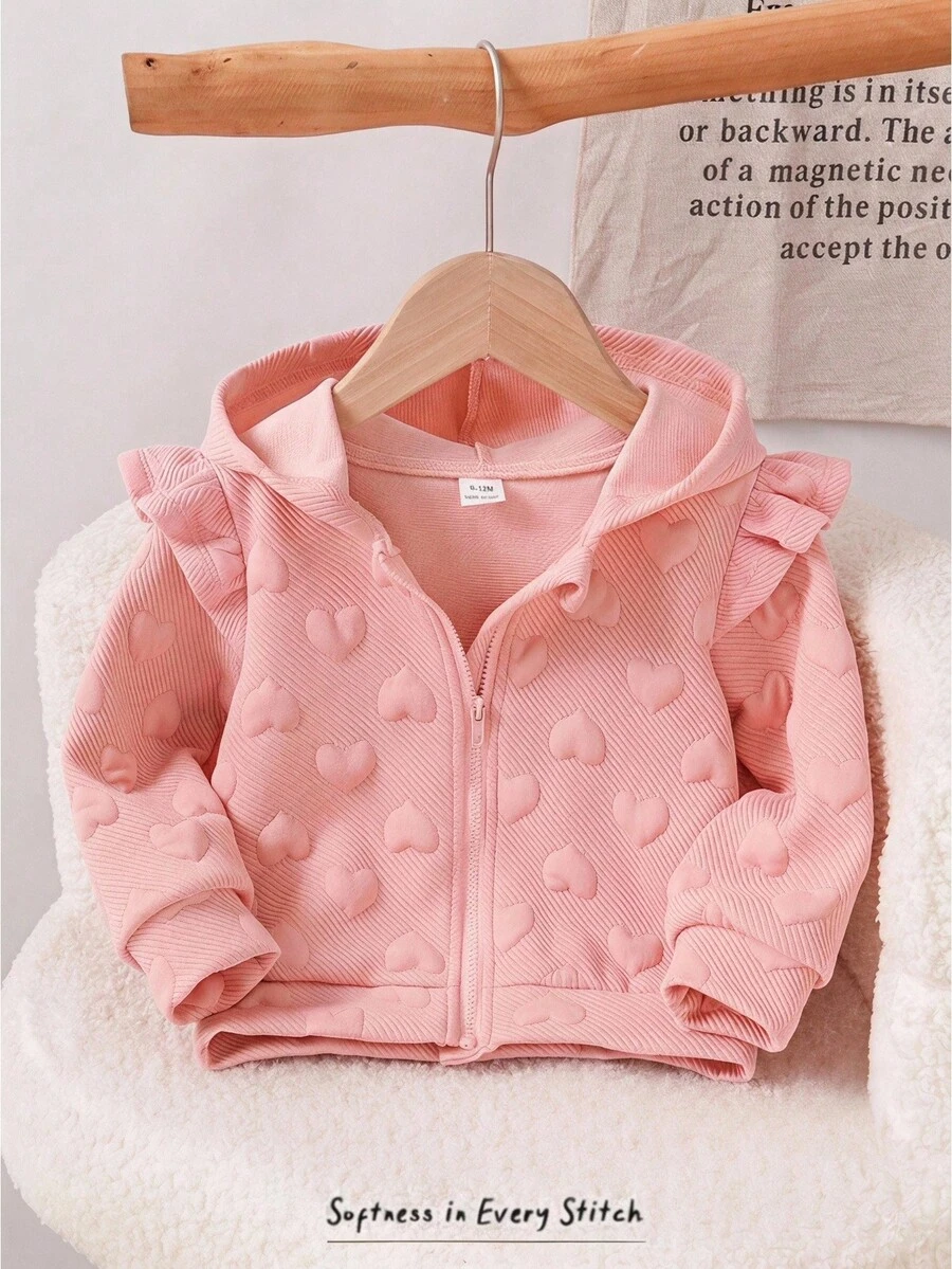 Cozy Pixies Baby Girls Baby Girl Casual Cute College Style Pink Textured Heart Print Cap Sleeve Autumn Winter Jacket - Pink - View 1