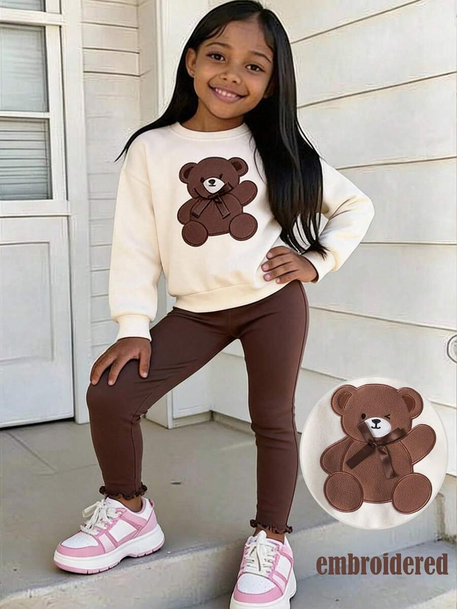 Young Girl Young Girl Young Girl Young Girl Young Girl Fashion Casual Bear Embroidery Autumn Sweatshirt & Leggings Set - Brown - View 1