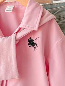 SHEIN 兒童小女孩寬鬆馬尾標誌印花領口休閒襯衫2件組，適合日常、返校、外出及其他場合 - 粉色 - 查看 4