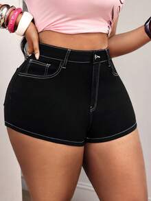 SHEIN Unity Cowgirl Plus Size Women's Black Elastic Embroidered Fitted Sexy Denim Shorts - Black - View 6