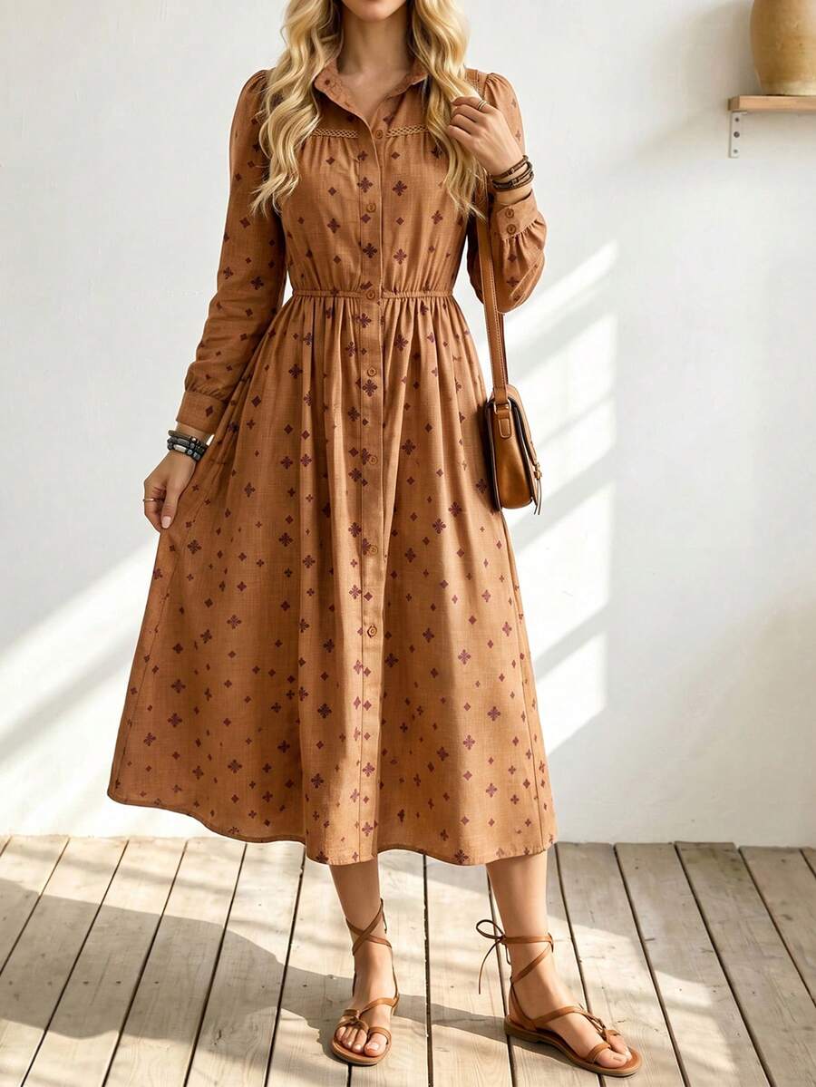 SHEIN Holidaya Women's All-Over Print Pleated Casual Daily Summer Long Dress
