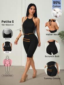 SHEIN PETITE 女款素色掛脖修身連身褲 - 黑色 - 查看 2