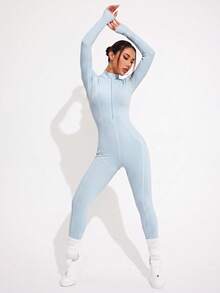 Easithlete Easithlete Women's Solid Color Long Sleeve Zipper Front Athletic Jumpsuit - Dark Grey - View 7