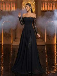 Glamrae Gaun Malam Formal Elegan Minimalis dengan Struktur Leher Off-Shoulder, Hiasan Renda Bulu Mata, Model A-Line Semi-Transparan dengan Belahan Ganda di Bagian Bawah, dan Detail Ruffle Renda Bulu Mata. - Hitam - View 6