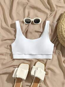 Swim Basics 女款夏季海灘純色休閒比基尼上衣 - 白色 - 查看 2
