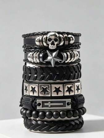 Goth 7 Pezzi/Set Braccialetti Gotici Oscuri Retrò con Scheletro, Pentagramma, Croce, Perline Nere, Gioielli Impilati Punk Hip-Hop per Uomini e Donne, Perfetto Abbinamento per le Vacanze