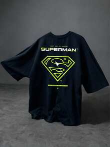 SUPERMAN X SHEIN Gym Rark Kaos Olahraga Kasual Pria dengan Cetakan Huruf untuk Perjalanan Sehari-hari - Navy Blue - View 1