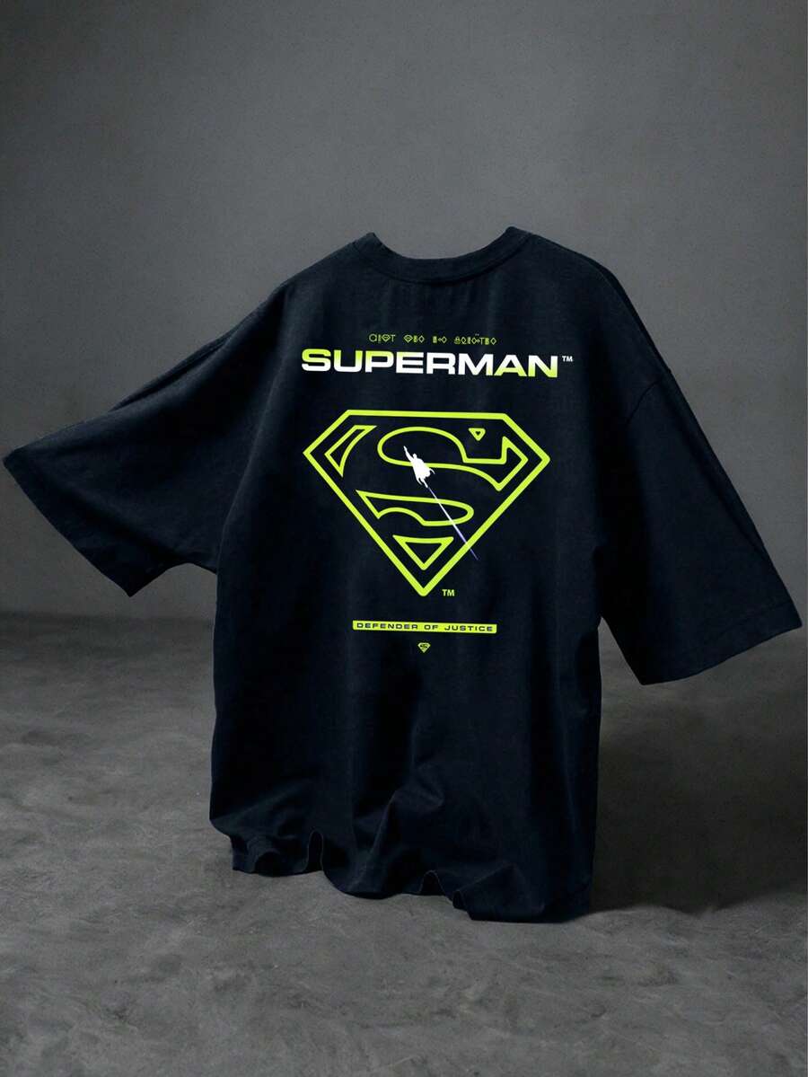 SUPERMAN X SHEIN Gym Rark Kaos Olahraga Kasual Pria dengan Cetakan Huruf untuk Perjalanan Sehari-hari - Navy Blue - View 1