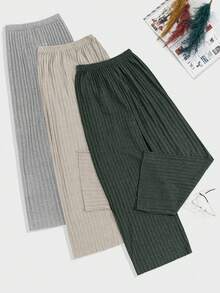 EURMUSE 100% Pure Cotton 3 PiecesSolid Color Knit Pants Set - Army Green - View 2