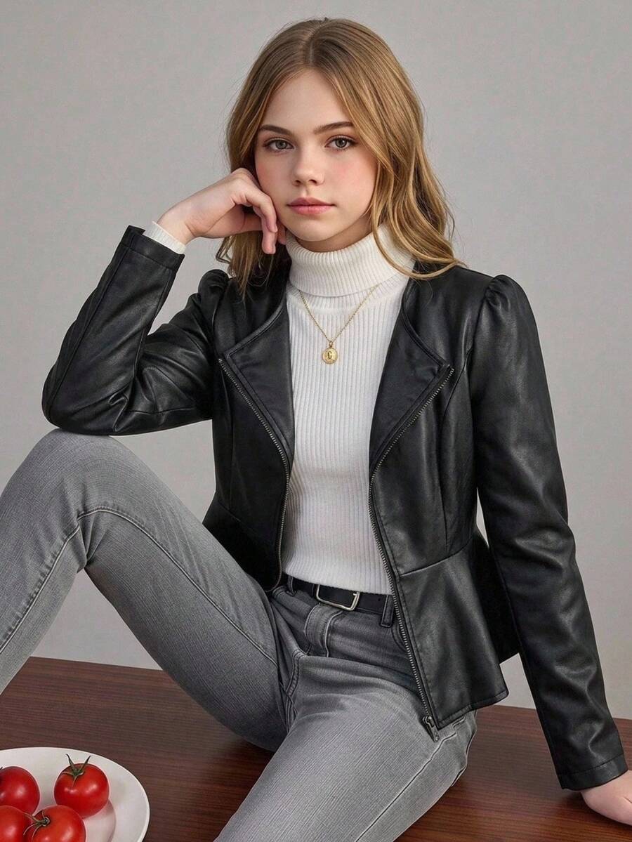 SHEIN Tween Girl PU Lapel Waist-Cinching A-Line Long Sleeve Black Jacket, Suitable For Fall/Winter - Black - View 1