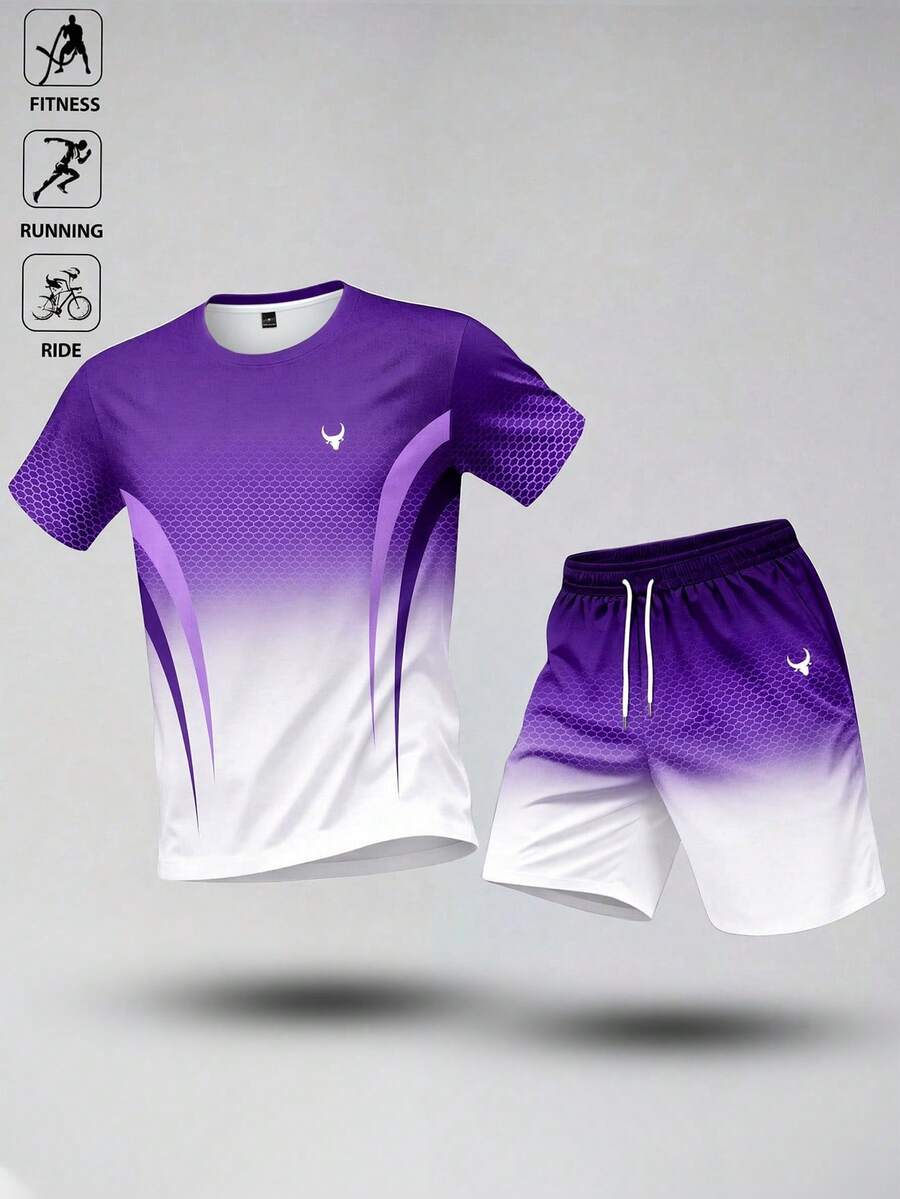 Gym Rark Men's Gradient Bull Print Short Sleeve Top And Drawstring Waist Shorts Casual Daily Sports Set - Multicolor - View 1