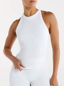 11SKNDS Ribbed Knit High Neck Sleeveless Tank Top With Cross Back Strap Detail Slim Fit Versatile Summer Essential With Sweat-Wicking, Stretchy, Breathable, Quick-Dry & Buttery-Soft, For Gym Workout Fitness Yoga Pilates Studio, Running, Training & Hy-Rox - White - View 3