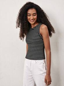 SHEIN BASICS 女款條紋圓領休閒百搭背心 - 巧克力棕 - 查看 8