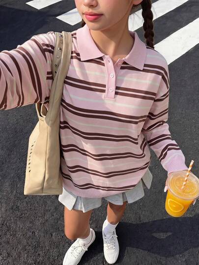 SHEIN Tween Girl Autumn/Winter Fashion Casual Striped Polo Sweater