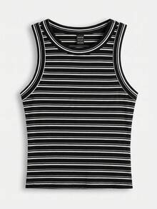 SHEIN BASICS 女款條紋圓領休閒百搭背心 - 巧克力棕 - 查看 10