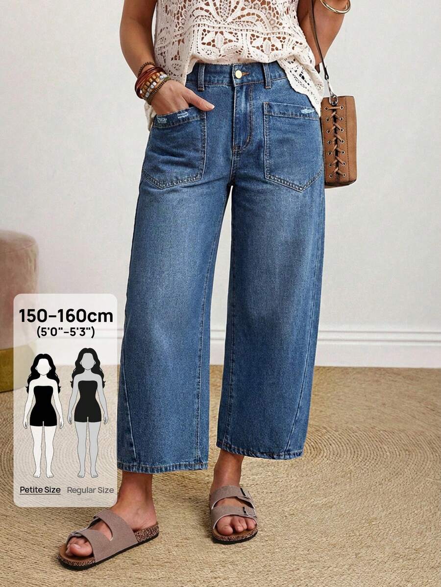 SHEIN PETITE 女款休閒水洗寬鬆牛仔褲 - 藍色 - 查看 1