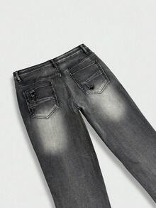 Manfinity Roghcode Men's American Vintage Niche Washed Horseshoe Denim Jeans Slim Fit Stretch Flared Leg Long Pants - Black - View 8