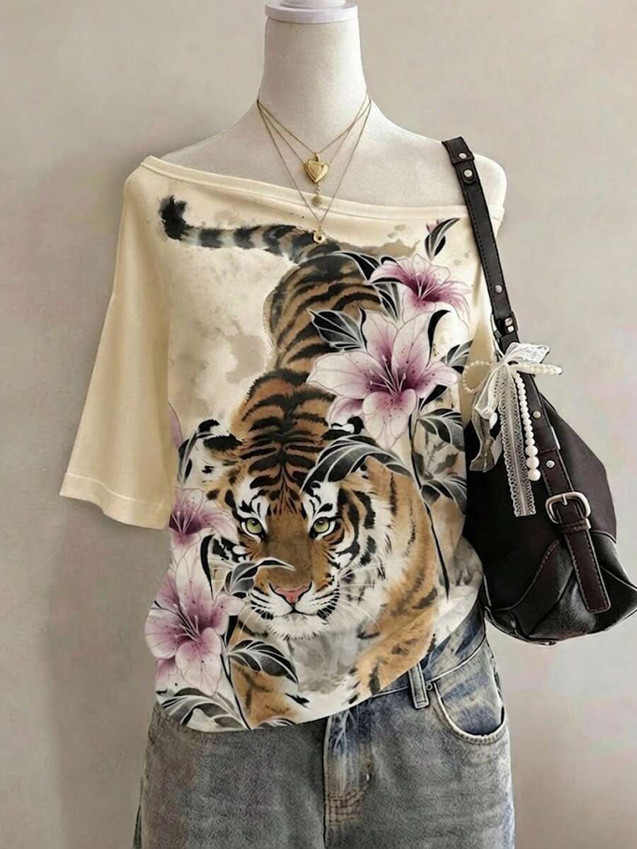 Lalippa Tiger Pattern Digital Print Fashion Minimalist Women's Round Neck T-Shirt, Gift For Friends - Multicolor - View 1