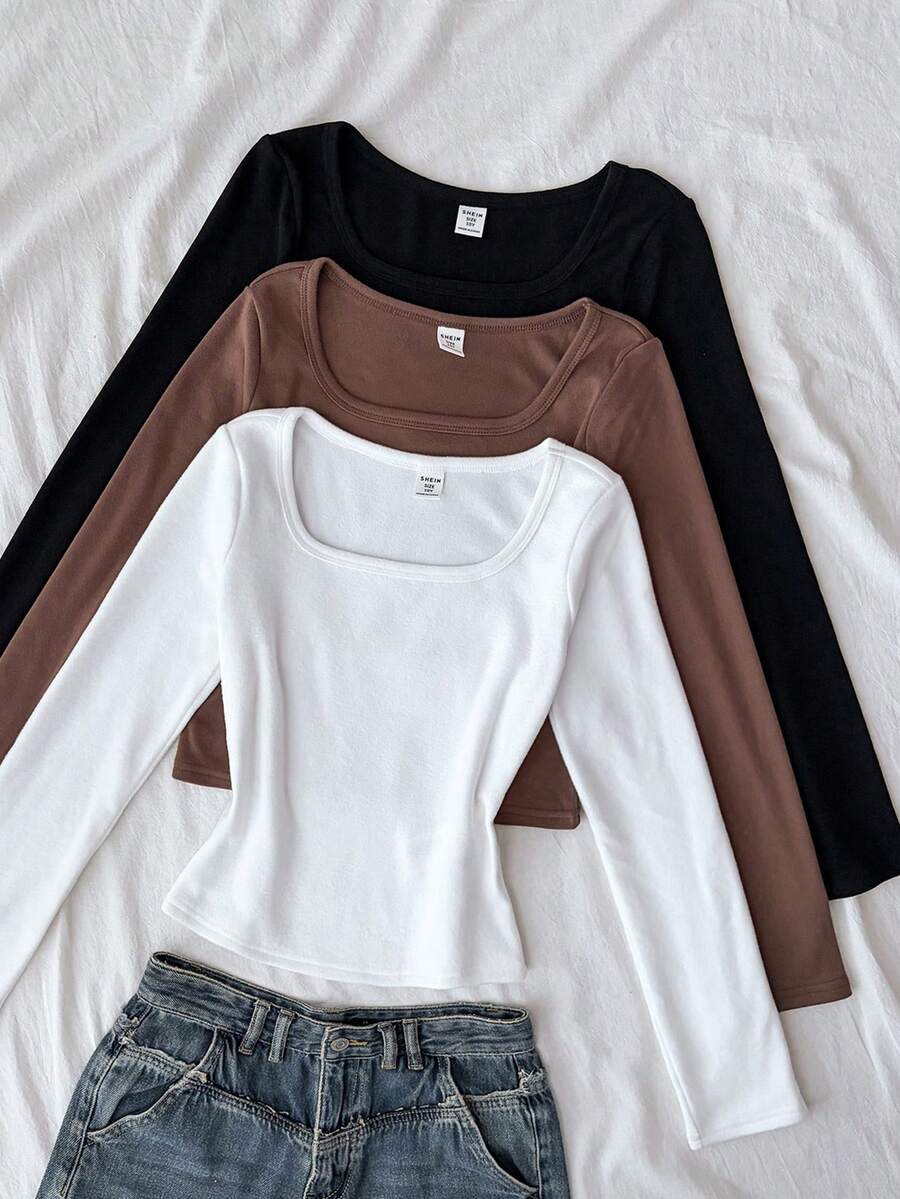 SHEIN Tween Girl Autumn/Winter New Casual Minimalist Comfortable Knit Fleece Solid Color Square Neck Long Sleeve T-Shirt 3pcs/Set - Multicolor - View 1