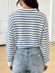 SHEIN PariChic Autumn/Winter Casual Outdoor Commute Textured Striped Fabric Drawstring Long Sleeve Sweatshirt - Blue and White - View 4