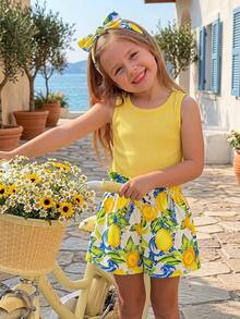 Emery Rose Kids Emery Rose Kids Bộ 2 món áo tank top sát nách và quần short họa tiết chanh mùa hè cho bé gái - Màu vàng - Xem 2
