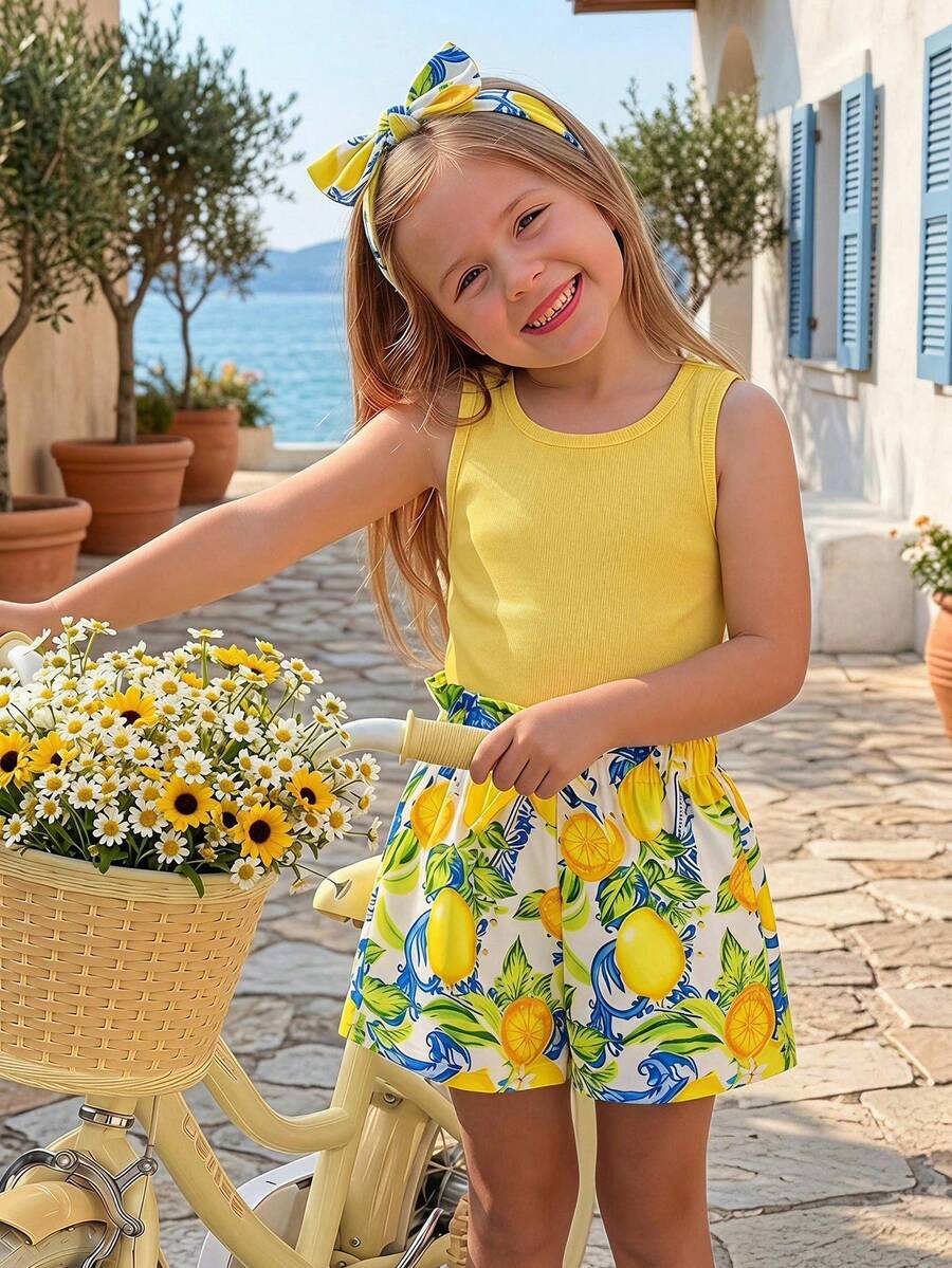 Emery Rose Kids Emery Rose Kids Bộ 2 món áo tank top sát nách và quần short họa tiết chanh mùa hè cho bé gái