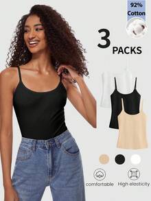 SHEIN BASICS 女款純色修身百搭日常穿著細肩帶背心上衣 3件/組 - 彩色 - 查看 1