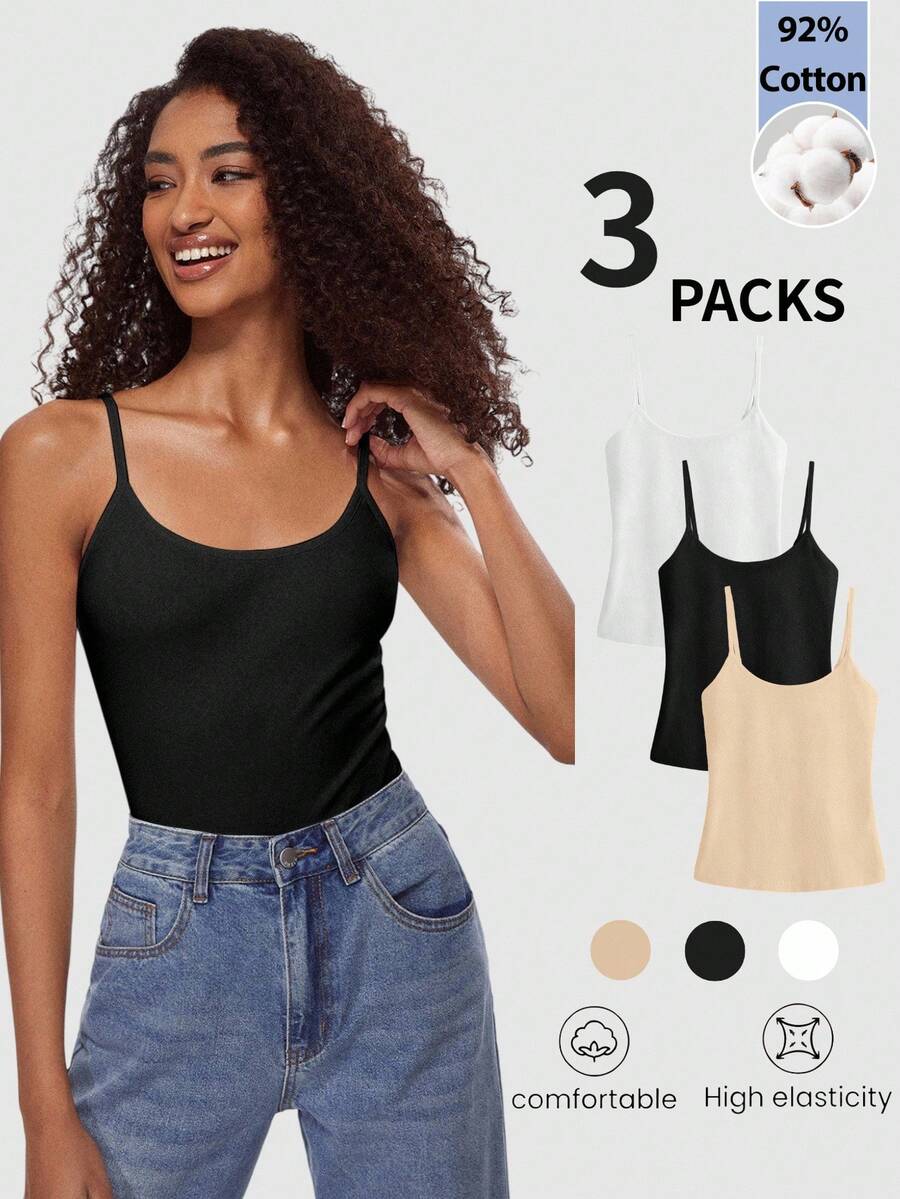 SHEIN BASICS 女款純色修身百搭日常穿著細肩帶背心上衣 3件/組 - 彩色 - 查看 1