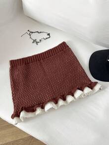 Elamini Colorblock Contrast Trim Ruffle Bow Decor Playful Cute Versatile Autumn/Winter Sweater Skirt - Brown - View 2