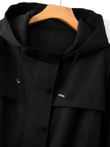 GlowEve CURVE Plus Size Women's Best-Selling Elegant Solid Color Hooded Trench Coat, Slimming Minimalist Cinched Waist Design With Multi-Layer Multi-Functional Pockets, Suitable For Daily Wear, Commuting, Dating And Gatherings - Black - View 3