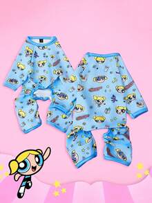 THE POWERPUFF GIRLS X PETSIN 1 buah Jumpsuit Hewan Peliharaan Gaya Olahraga Biru, Motif Kelinci, Penyihir & Bintang, Ramah Kulit & Bernapas, Poliester Lembut, Anti Kutu, Tidak Mudah Rontok, Tahan Panas, Sangat Lucu untuk Kucing & Anjing, Pakaian Seru di Dalam & Luar Ruangan - Biru - View 1