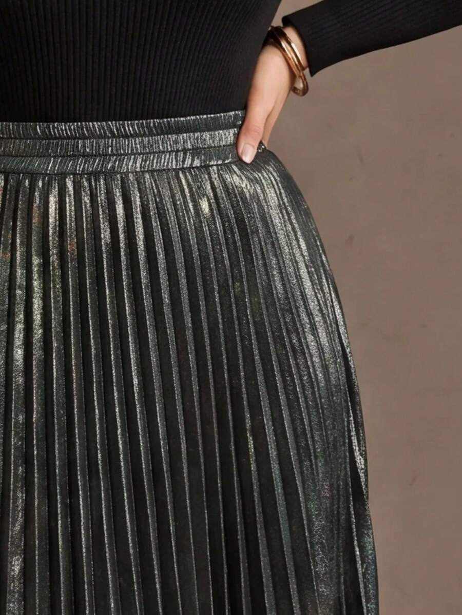 MOTF PREMIUM PLUS SIZE WOMEN'S ELEGANT ELASTIC WAIST PLEATED SKIRT, SPRING/SUMMER 2026 - Dark Grey - View 2