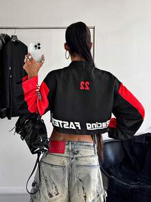 StreetHx Women's Streetwear Motorcycle Style Letter Print Long Sleeve Jacket Going Out Night Out Black And Red Autumn - Black - View 6