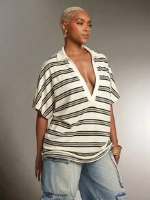 Denimoi Plunge Neck Collared Oversized Striped Polo Top Fashionable Tops - Apricot - View 4