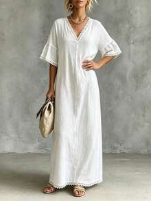 Linhara CURVE Plus Size White Long Robe Dress, Comfortable Loose Fit With Lace Trim, 5-Point Sleeve Straight Cut Dress For Summer/ Daily Wear Vacation Beach Safari - White - View 5