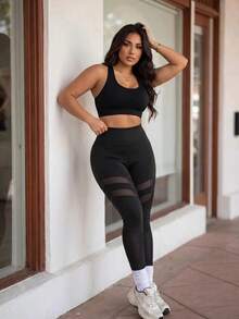 SHEIN Sports Women's Plus Size Mesh Patchwork Casual Daily Travel Sports Leggings - Black - View 5