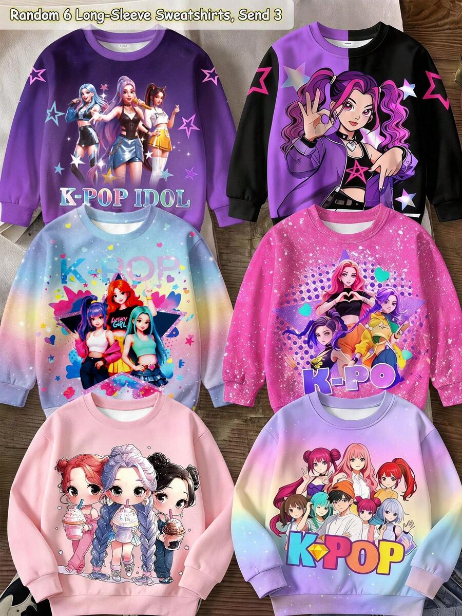 女童休閒卡通女團 K-Pop 超級巨星款 厚實柔軟舒適圓領套頭運動衫,適合秋冬,3件/組隨機圖案 - 彩色 - 查看 1