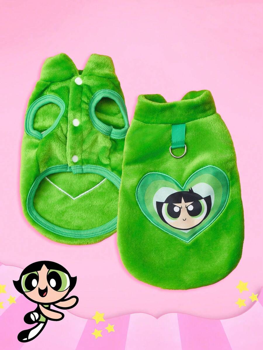 THE POWERPUFF GIRLS X PETSIN 1件刺繡大眼女孩綠色保暖無袖外套,附牽繩扣環,適用於貓狗,秋冬厚絨毛,適合室內保暖或戶外安全散步 - 綠色 - 查看 1