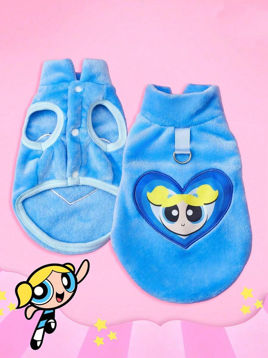 THE POWERPUFF GIRLS X PETSIN 1件刺繡黃色髮飾女孩藍色保暖無袖外套,附牽引扣,適用於貓狗,秋冬厚絨毛,適合舒適室內或寒冷戶外冬季旅行 - 藍色 - 查看 1