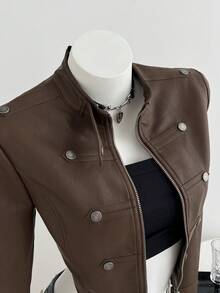 Elamini Jaket Motor Pendek Gaya Retro Wanita - Coklat - View 5