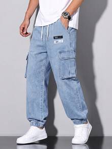 Celana Jeans Denim Saku Kargo Pinggang Tali Serut untuk Anak Laki-Laki Remaja - Medium Wash - View 1