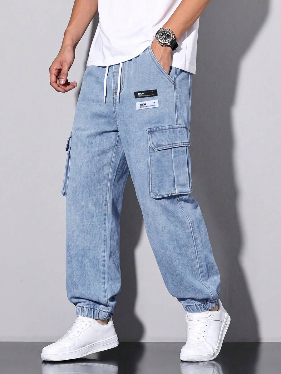 Celana Jeans Denim Saku Kargo Pinggang Tali Serut untuk Anak Laki-Laki Remaja - Medium Wash - View 1