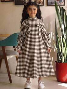 SHEIN 青少年女孩立領長袖A字領結裝飾格紋洋裝，適合春季、秋季、冬季 - 卡其色 - 查看 5