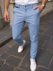 Manfinity Mode Men's Plus Size Blue Basic Slim Fit Casual Business Commute Suit Pants, Formal, Old Money - Blue - View 3