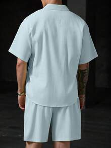 VENTUSAIL Men's Textured Soft Skin-Friendly Striped Shirt And Shorts Set - Blue - View 2