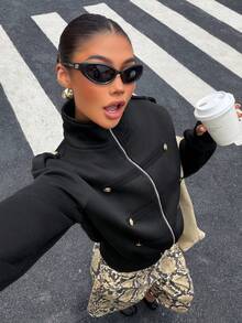 Muchica 女款黑金配色高領拿破崙鈕扣運動衫夾克，休閒嘻哈電音可愛頹廢壞女孩街頭風，優雅夜店秋季穿搭 - 黑色 - 查看 5