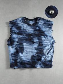 ROMWE MEN Street Life Men's Rivet Decor Distressed Loose Fit Tank Top - Blue - View 4