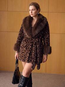 MOTF PREMIUM PLUS SIZE VINTAGE LUXURY LEOPARD PRINT FAUX FUR COAT WITH LARGE FUR COLLAR AND TIE CLOSURE - Brown - View 4
