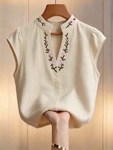 EMERY ROSE 女款花卉刺繡圖案休閒日常穿著襯衫 - 卡其色 - 查看 1