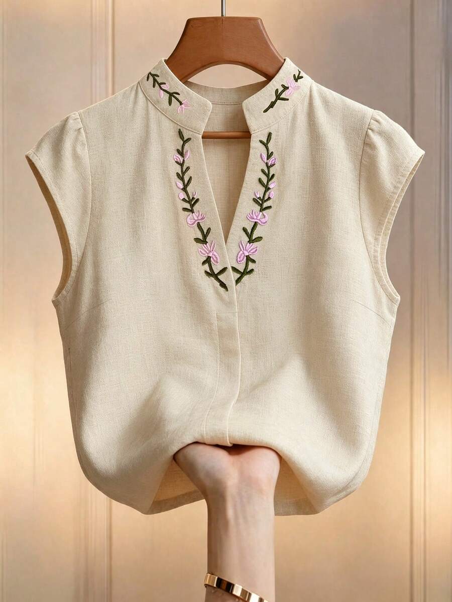 EMERY ROSE 女款花卉刺繡圖案休閒日常穿著襯衫 - 卡其色 - 查看 1